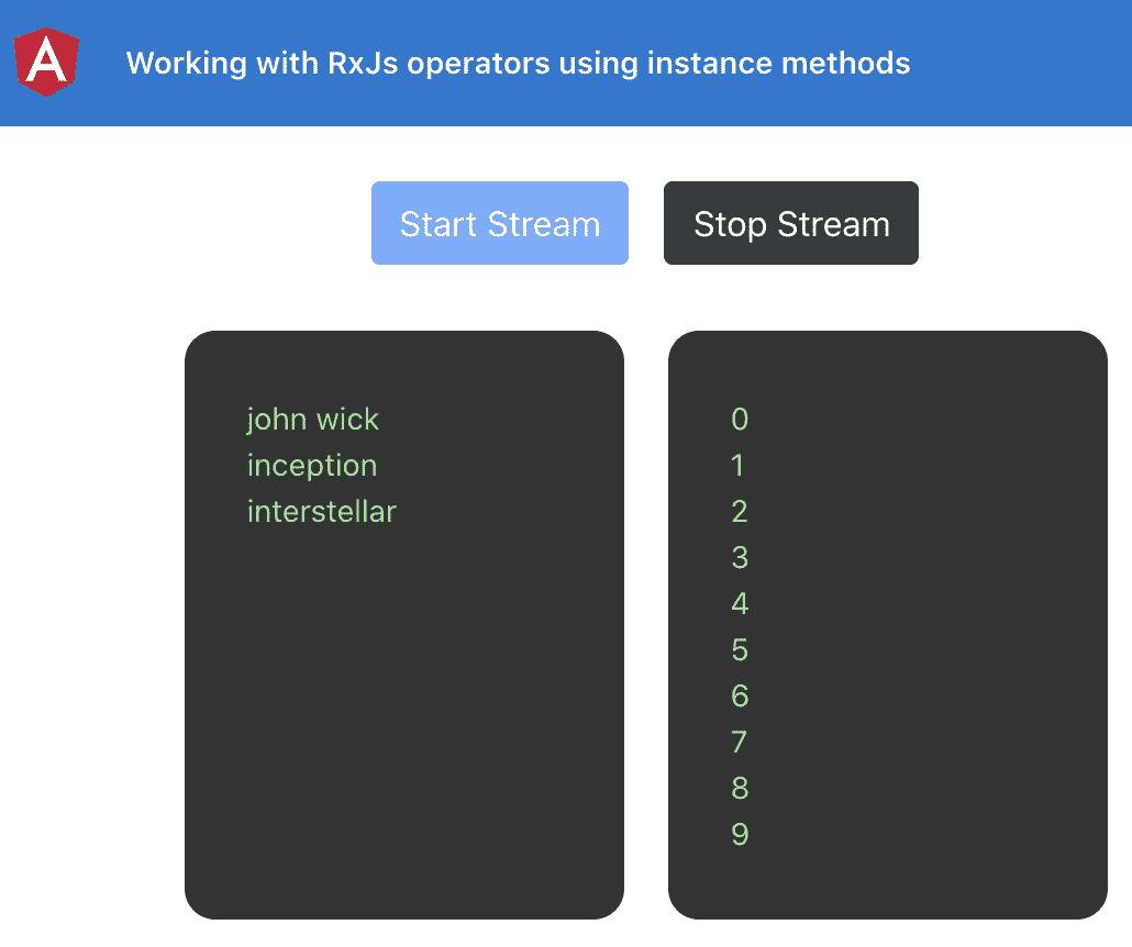 图 5.1 - rxjs-operators-instance-methods 应用程序在 http://localhost:4200 上运行