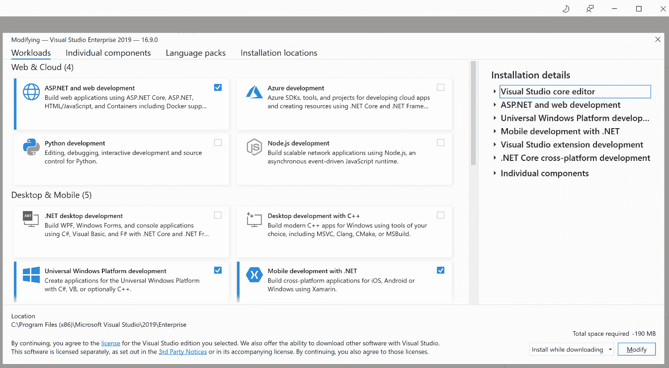 图 1.4 - Visual Studio 安装程序显示各种工作负载选项