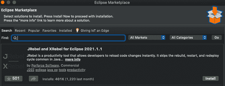 图 1.8 – Eclipse IDE 安装 JRebel