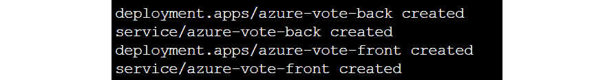 kubectl create 命令的输出，显示已创建了 azure-vote-back 和 azure-vote-front 部署以及 azure-vote-back 和 azure-vote-front 服务。