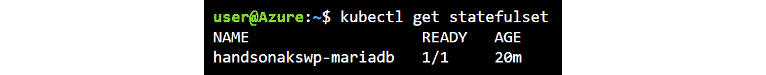 执行 kubectl get statefulsets 命令后，输出屏幕将显示一个处于 1/1 Ready 状态的 MariaDB Pod。