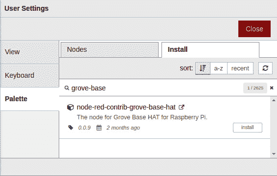 图 5.16 – 安装 node-red-contrib-grove-base-hat 节点