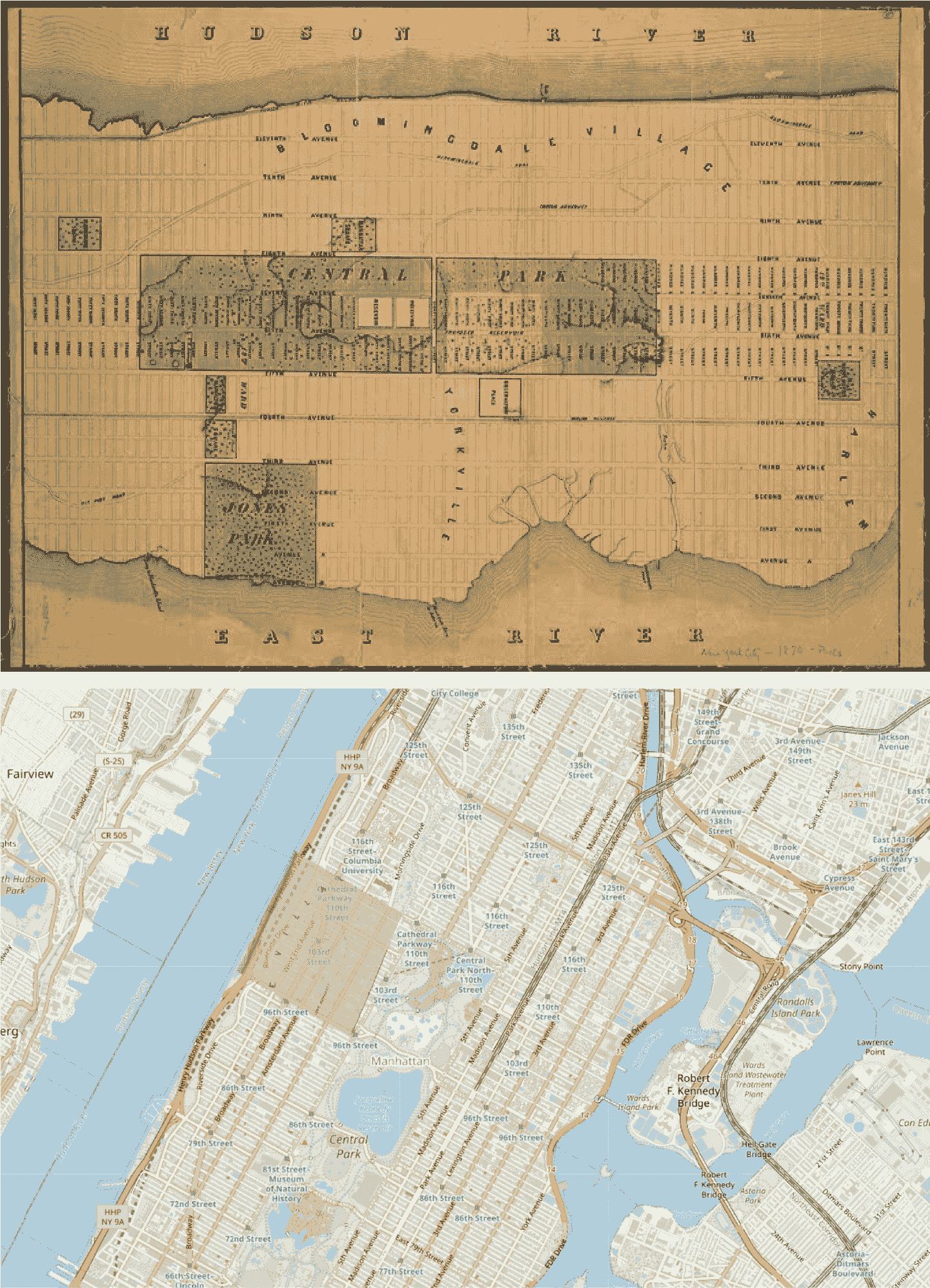 1870 年曼哈顿地图（顶部）和当代曼哈顿校正地图（底部）