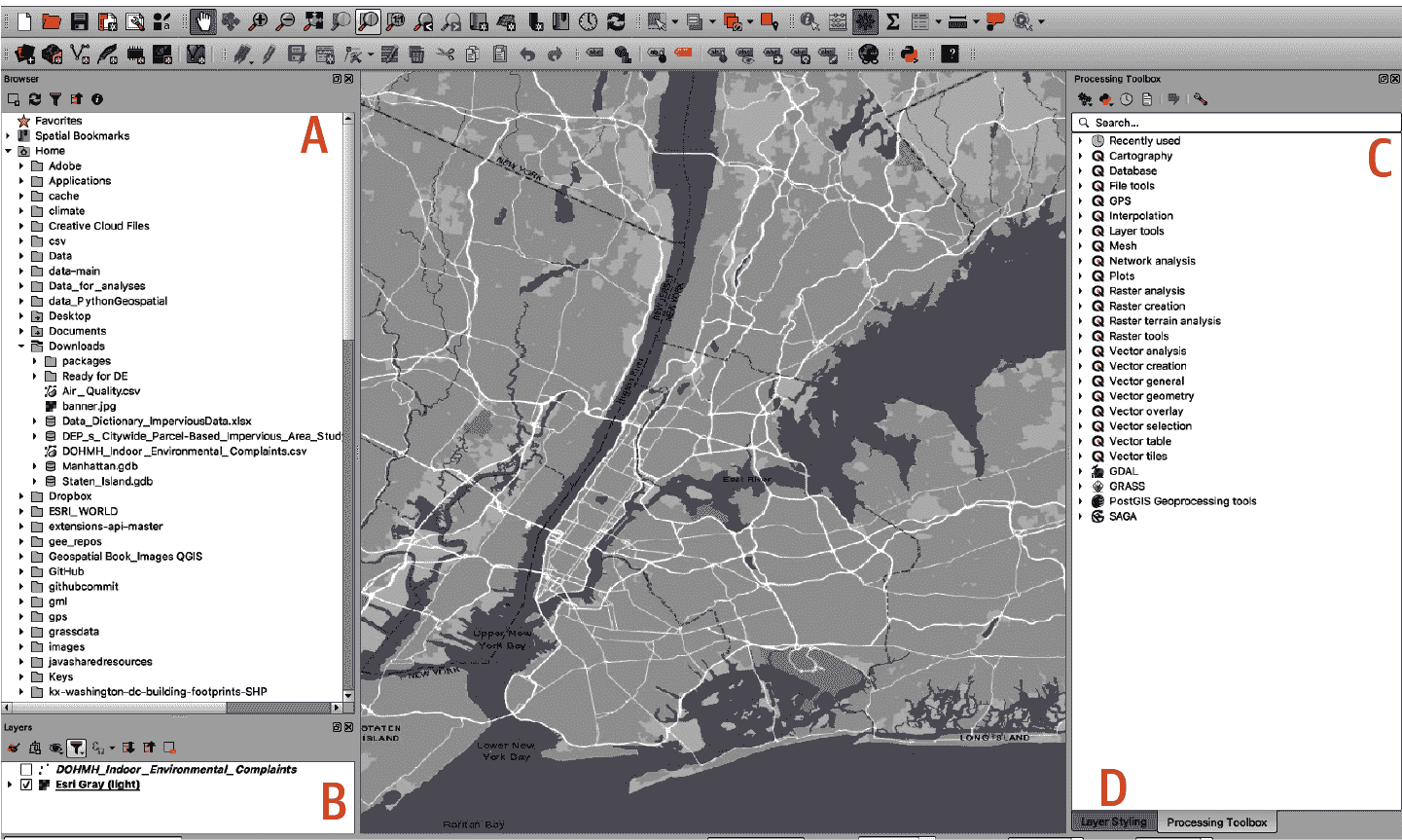 QGIS 仪表板显示浏览器（A）、图层（B）、处理工具箱（C）和图层样式（D）面板