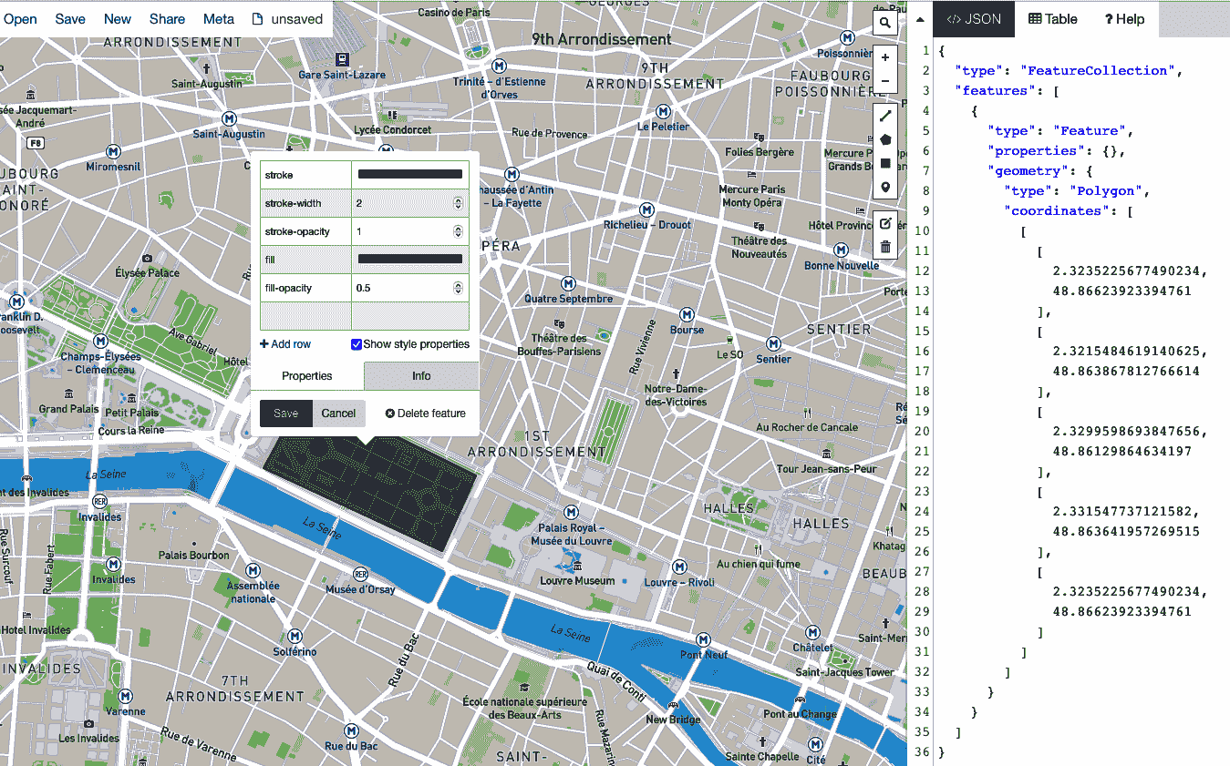 缩放到巴黎第一区并选择边界以创建 GeoJSON 文件