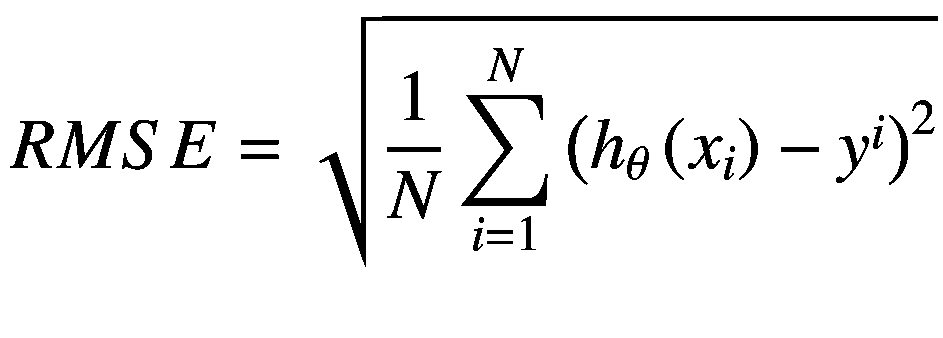 $$ RMSE=\sqrt{\frac{1}{N}\sum \limits_{i=1}N{\left({h}_{\theta}\left({x}_i\right)-{y}i\right)}²} $$